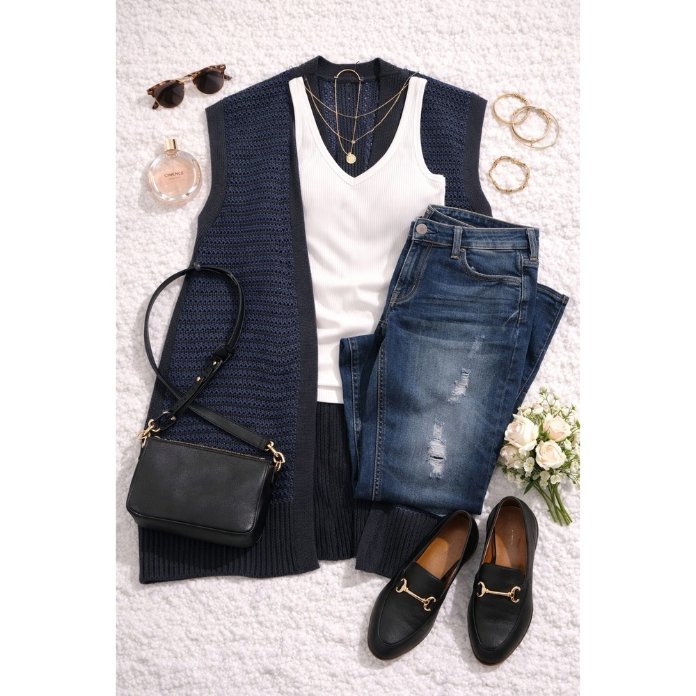 Lane Bryant Vest Women 14/16 Navy Blue Pointelle Knit Longline Open Front Boho